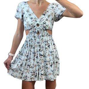 American Eagle Womens XS Light Blue Floral Keyhole Short Sl Mini Fit Flare Dress